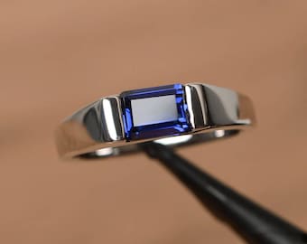 blue sapphire proposal ring emerald cut east west ring September birthstone sterling silver minimalist ring