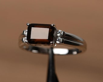 smoky quartz ring brown gemstone ring emerald cut silver ring engagement ring for her