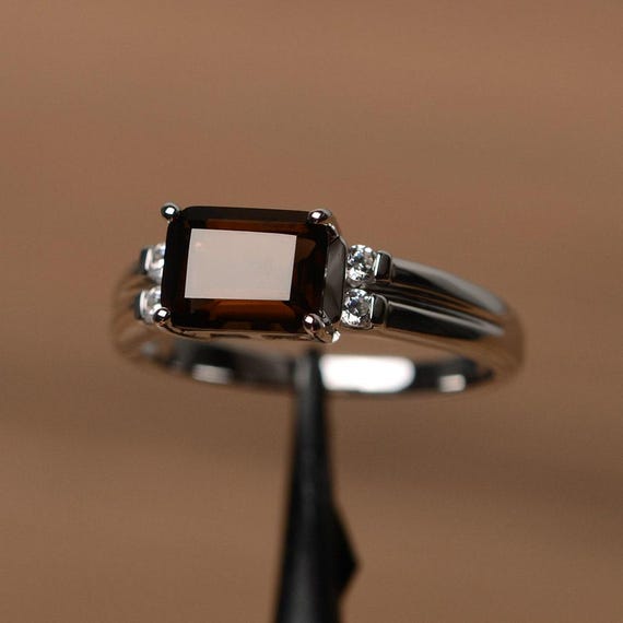 smoky quartz ring brown gemstone ring emerald cut silver ring engagement ring for her