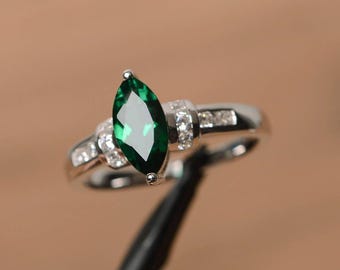 green emerald ring May birthstone marquise cut sterling silver engagement ring