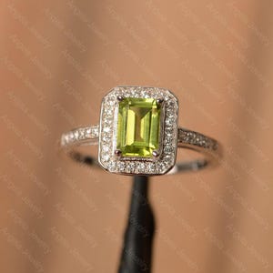 August birthstone ring sterling silver halo peridot  wedding ring for women