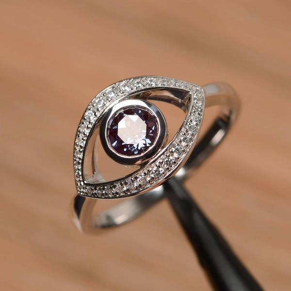 round cut lab alexandrite ring wedding ring solid sterling silver ring evil eye gemstone ring June birthstone ring