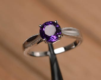 amethyst ring sterling silver round cut solitaire engagement ring for women February birthstone