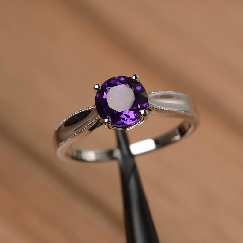 natural amethyst ring engagement ring solitaire ring sterling silver ring February birthstone ring round cut purple gemstone ring