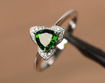 natural diopside ring trillion cut sterling silver engagement  ring for women