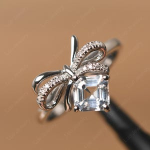 custom bowknot November birthstone ring for girls asscher cut 6 mm sterling silver white topaz engagement ring