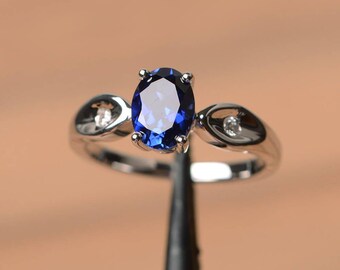 blue sapphire ring engagement ring September birthstone oval cut gemstone blue gems sterling silver ring