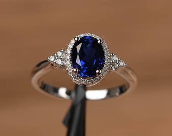 oval cut sapphire wedding ring solid sterling silver delicate September birthstone ring