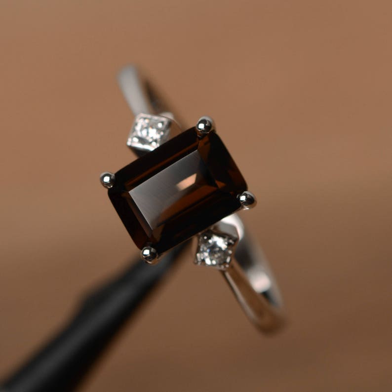 smoky quartz ring sterling silver engagement ring for her emerald cut