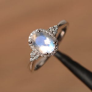 natural moonstone ring oval cut halo engagement ring for women sterling silver June birthstone ring