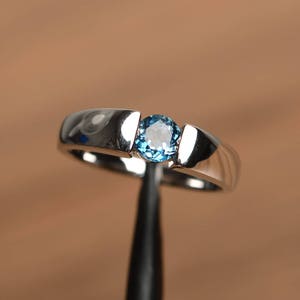 simple London blue topaz engagement ring round cut  sterling silver blue stone November birthstone ring