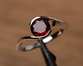 natural garnet ring round cut sterling silver solitaire engagement ring January birthstone red gemstone ring