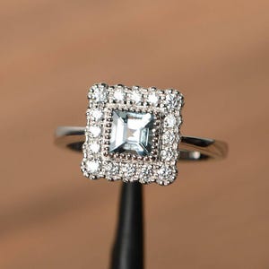natural aquamarine promise rings square cut gemstone rings March birthstone silver rings halo rings