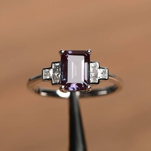 alexandrite ring June birthstone emerald cut sterling silver engagement ring for women