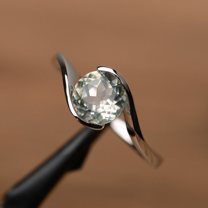 Green amethyst ring sterling silver round cut bezel setting engagement ring for women