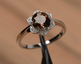 天然スモーキークォーツリング、結婚記念日リング、スターリングシルバー、ラウンドカットの宝石リング、ひまわりリング