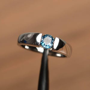 simple London blue topaz engagement ring round cut  sterling silver blue stone November birthstone ring