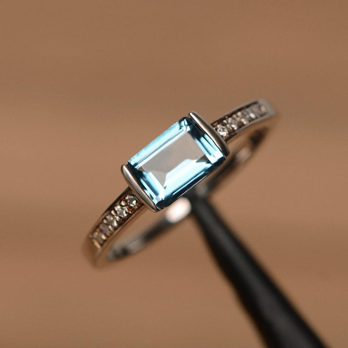 London Blue Topaz Ring Emerald Cut Sterling Silver Ring Engagement Ring ...