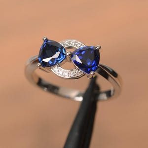 lab blue sapphire ring engagement anniversary ring trillion cut sterling silver ring gemstone ring September birthstone ring