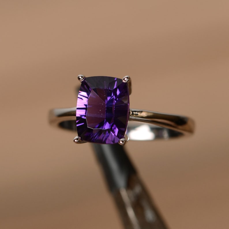 natural gemstone amethyst ring February birthstone ring cushion cut ring solitaire ring promise ring for her