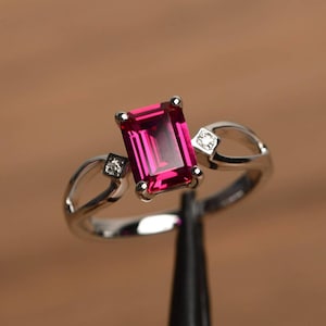 red ruby ring July birthstone emerald cut red gemstone ring sterling silver anniversary ring