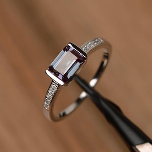 lab alexandrite ring promise ring emerald cut sterling silver ring color changing gemstone ring June birthstone ring