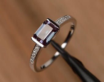 lab alexandrite ring promise ring emerald cut sterling silver ring color changing gemstone ring June birthstone ring