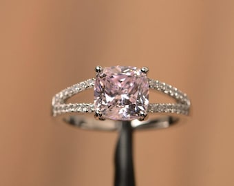 pink cubic zirconia ring cushion cut gemstone ring sterling silver ring