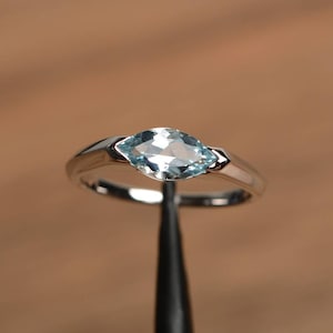 aquamarine ring marquise cut horizontal setting sterling silver engagement ring March birthstone solitaire ring