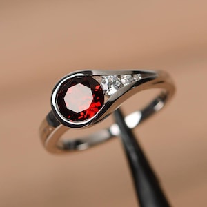 red garnet ring round cut engagement rings for her gemstone ring January birthstone ring silver image 1