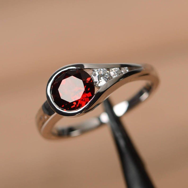 red garnet ring round cut engagement rings for her gemstone ring January birthstone ring silver image 1