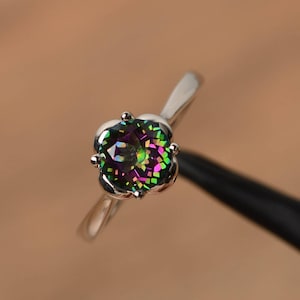 promise rings real mystic topaz rings rainbow gemstone round cut rings silver rings solitaire rings