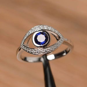 September birthstone lab blue sapphire ring wedding ring solid sterling silver ring round cut evil eye blue gemstone ring
