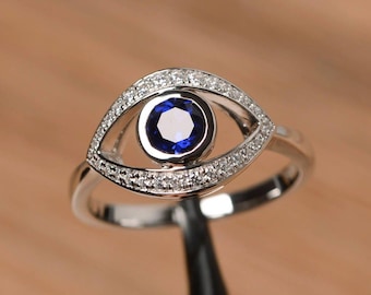 September Geburtsstein Labrador blau Saphir Ring Ehering solide Sterling Silber Ring runden Schnitt bösen Blick blauen Edelstein Ring