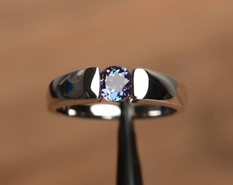 alexandrite ring June birthstone round cut gemstone ring sterling silver solitaire engagement ring for women