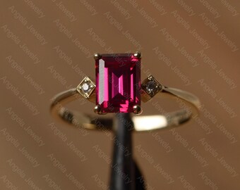 lab ruby ring emerald cut gemstone ring July birthstone ring yellow gold ring for her