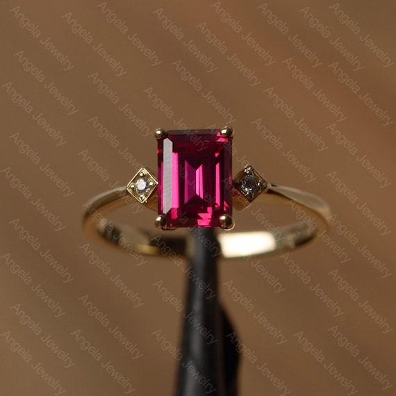 lab ruby ring emerald cut gemstone ring July birthstone ring yellow gold ring for her