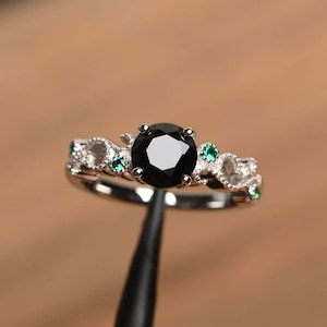 black spinel ring sterling silver engagement ring round cut black gemstone ring
