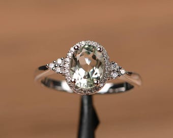 Green Amethyst Ring, Oval Cut Sterling Silver Promise Ring