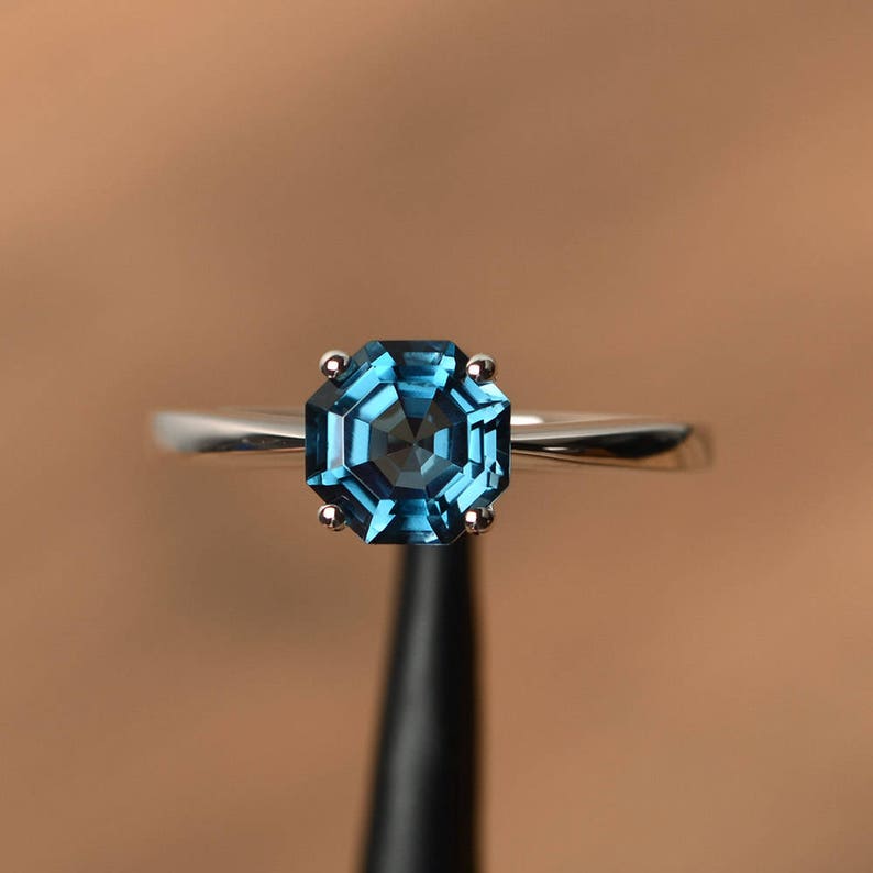 real London blue topaz solitaire promise ring sterling silver octagon engagement ring November birthstone 