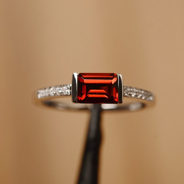 emerald cut garnet promise ring January birthstone sterling silver east west ring