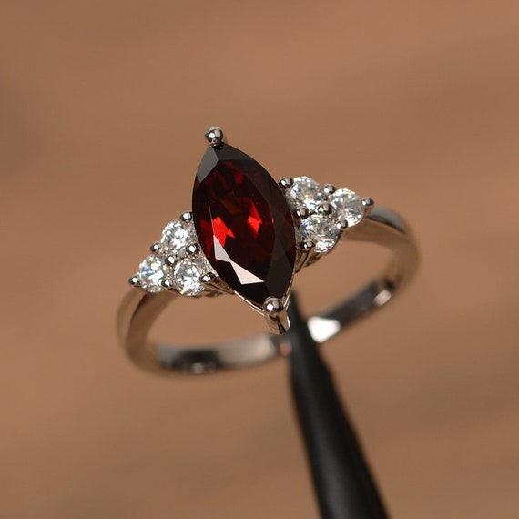 Marquise Cut Garnet Silver Ring Red Stone Ring January Birthstone Ring