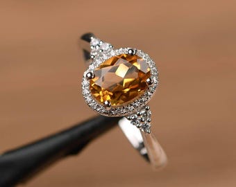 natural citrine ring oval cut November Birthstone  sterling silver engagement ring yellow gemstone ring