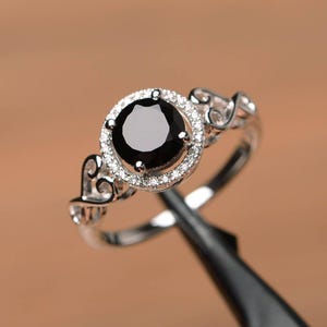 natural black spinel ring engagement ring round cut ring silver ring black gemstone ring