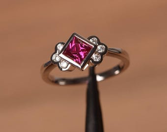 princess cut ruby anniversary ring  sterling silver July birthstone ring
