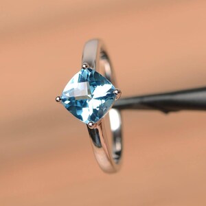 Swiss blue topaz ring anniversary ring blue gemstone cushion cut gems sterling silver ring