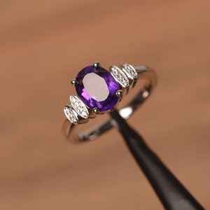 natural amethyst ring sterling silver wedding ring oval cut gemstone February birthstone ring