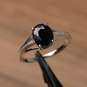 real black spinel ring oval cut white gold wedding ring for women