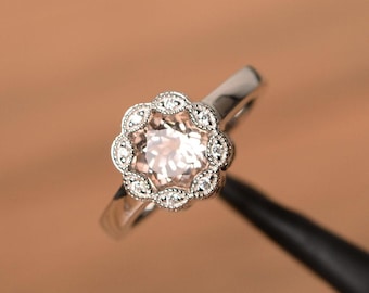 morganite ring sterling silver engagement ring round cut pink gemstone ring for women
