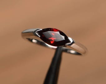 natural red garnet engagement ring January birthstone marquise cut east west ring sterling silver